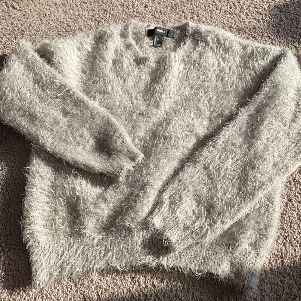 Grey/Silver fuzzy pullover.